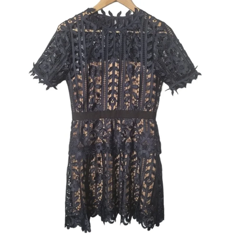 Self-Portrait Navy Blue Macrame Lace A-Line Dress UK 10 US 6 - Picture 2 of 4